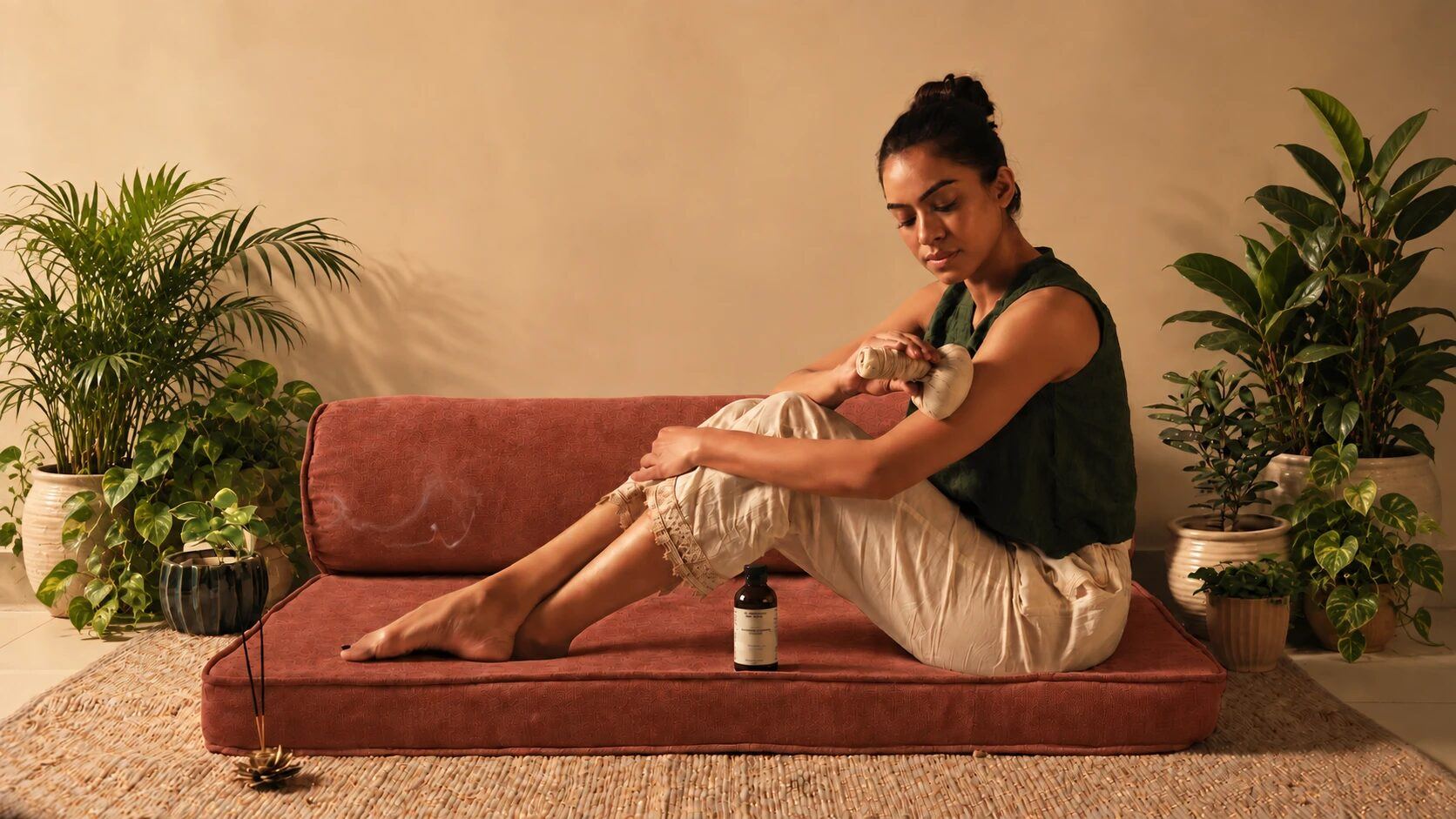 Femme assise sur un coussin terracotta parmi des plantes, massant son bras avec un bolus aux plantes, huile Art of Vedas et encens à côté.